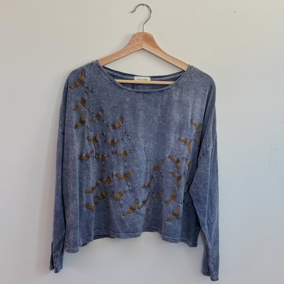 Handmade Blue Krista Larson Embroidered Crane Long Sleeve Top One Size Fits All - Picture 1 of 5